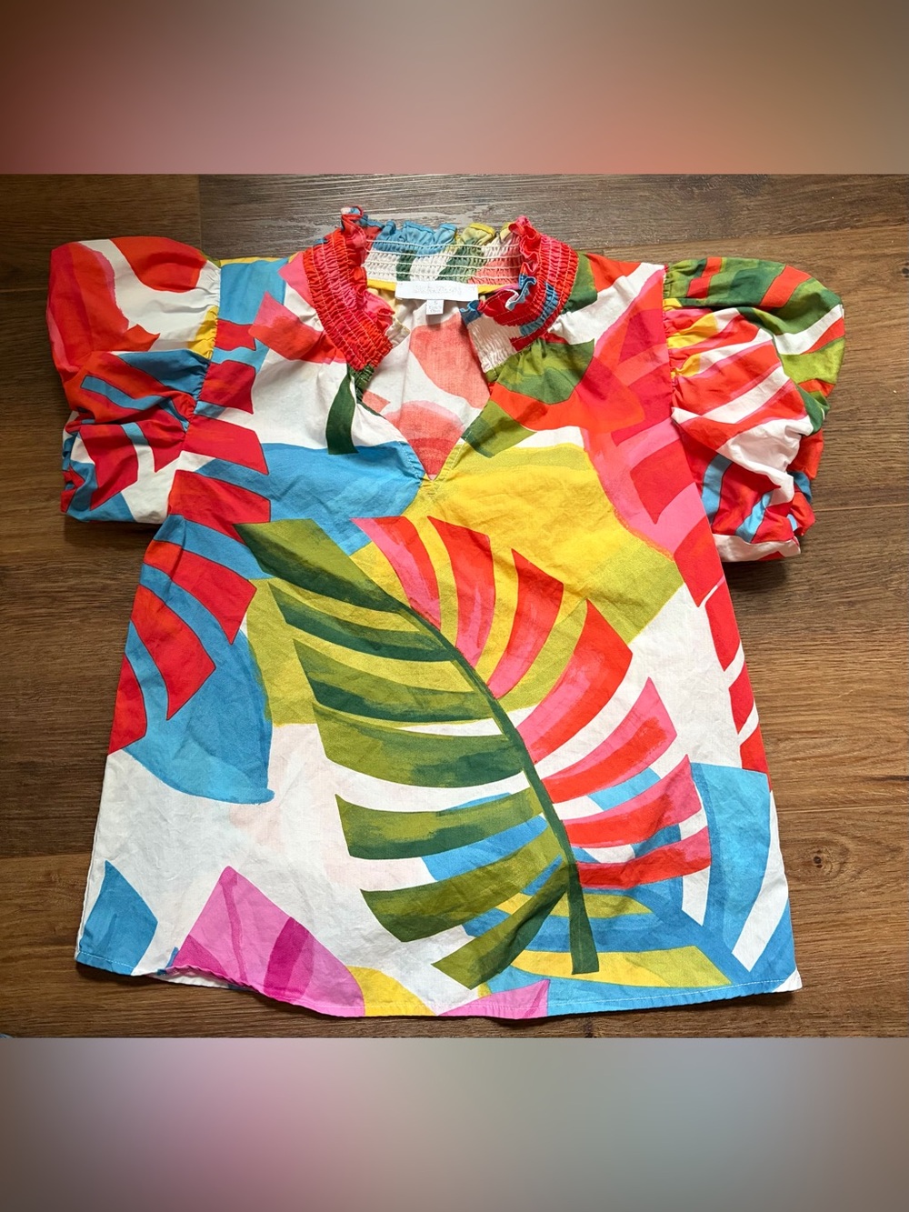 Sugarlips Breezy Palms Poly Smocked Top Puff Sleeve Top Tropical